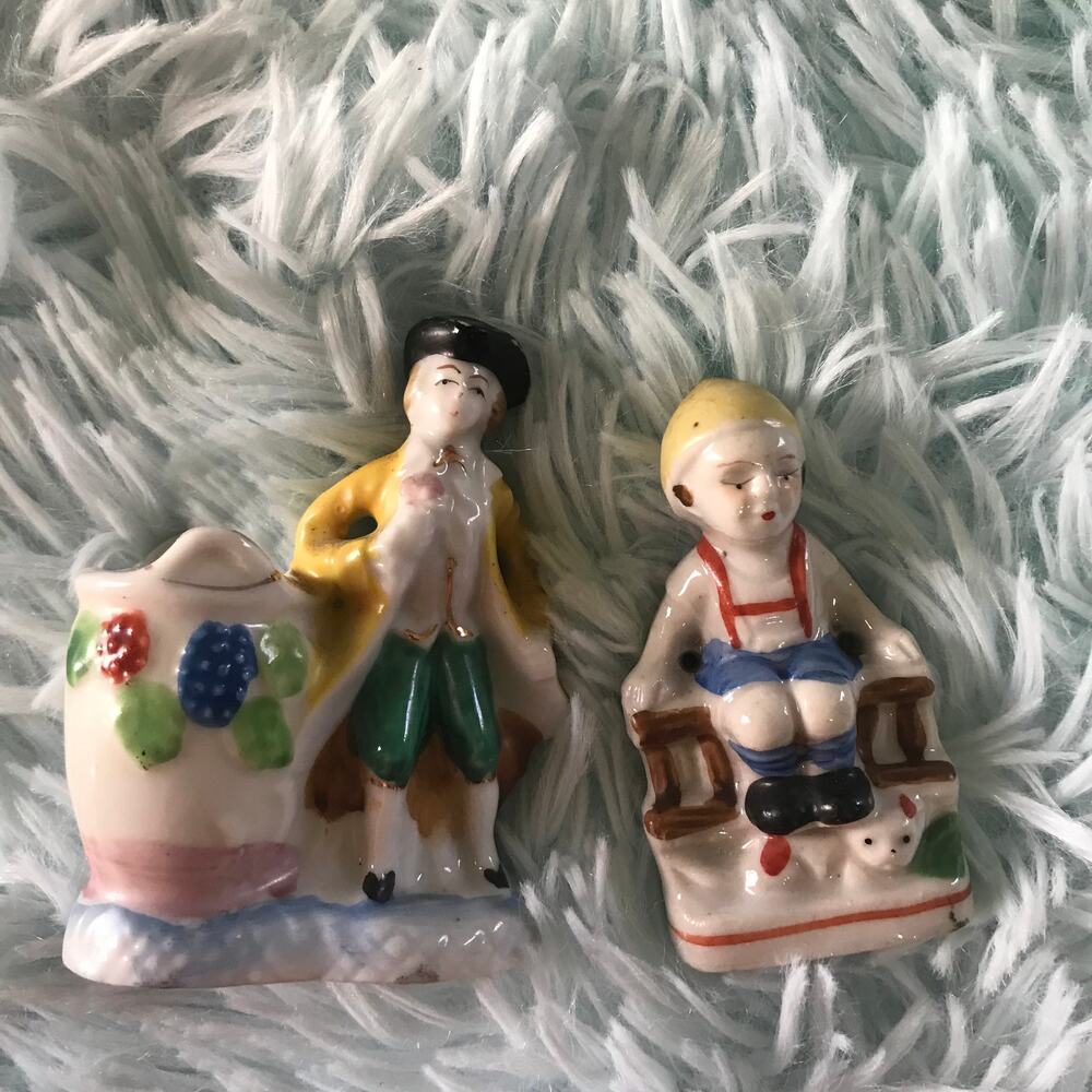 Lot of 2 "Made In Occupied Japan" Porcelain Figurines Sitting Fence Toothpick